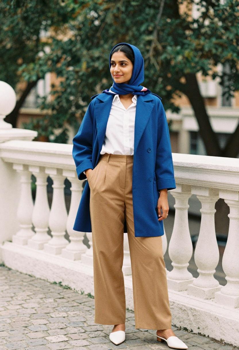 Cobalt blue shacket over crisp white shirt and camel trousers for smart-casual spring layering