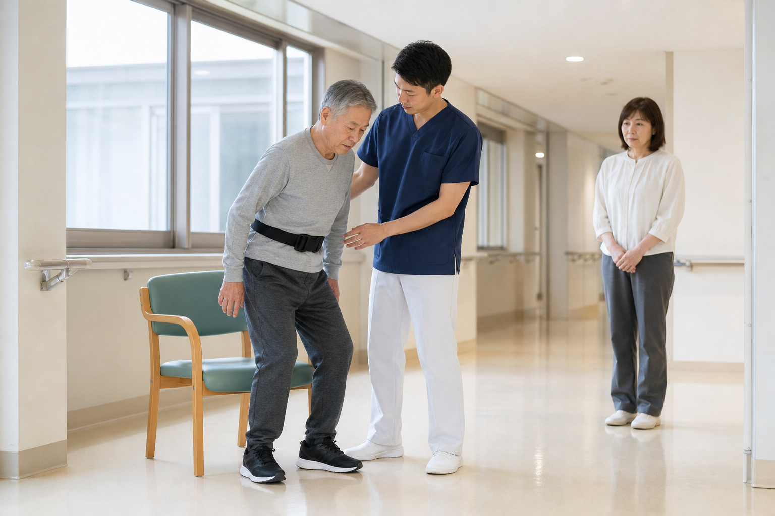 療法士の見守りのもとで安全に立ち上がる練習場面