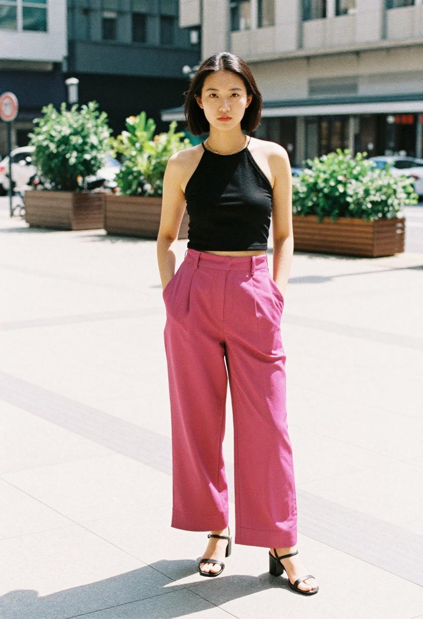 Bold magenta wide-leg trousers and black cropped halter top for a sharp, intentional night out statement