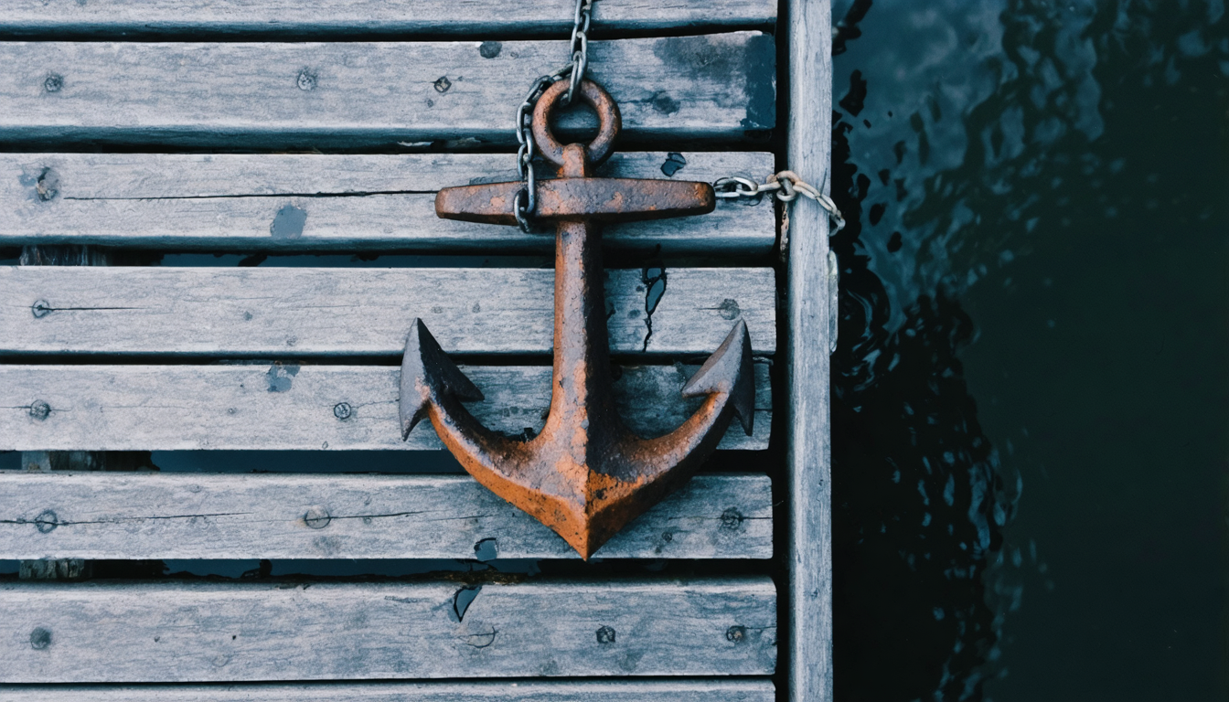 An anchor rusting into the dock it was supposed to protect — patient, immovable, unconsulted.