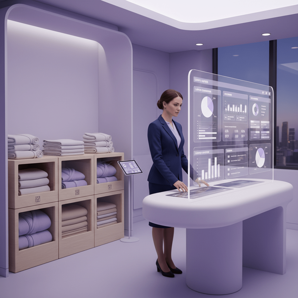 Manager reviewing a laundry analytics dashboard beside sorted linens