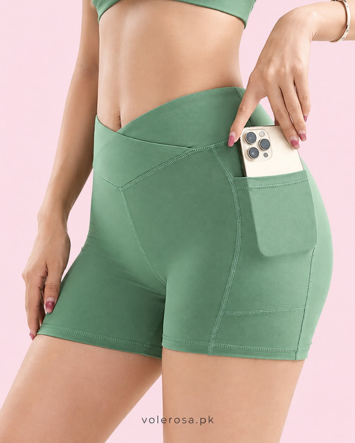 Cross-Waist Biker Shorts with Phone Pocket – High-Waisted Sage Green Shorts, Front view