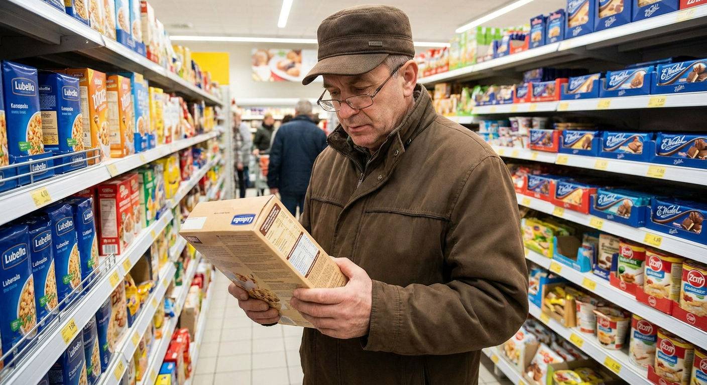 Klient czytajacy etykiete platkow sniadaniowych w sklepie.