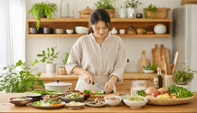 밝은 자연광 아래 한국 요리사가 다양한 재료와 도구를 사용해 요리를 준비하는 따뜻한 분위기의 실사 이미지