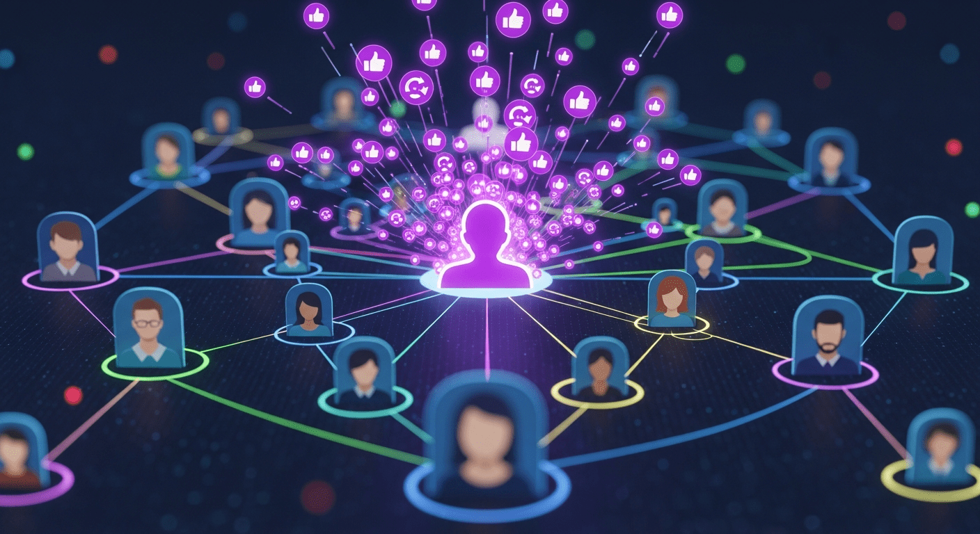 An abstract representation of a vibrant online community, showing a network of user profiles connected by glowing purple lines.