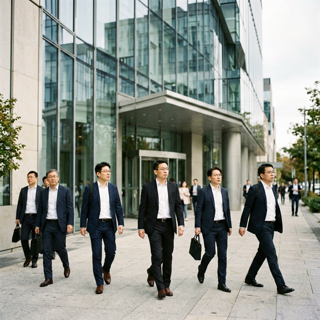 Exterior of a modern glass office building with people in business attire walking on the sidewalk, tech company headquarters, documentary ne