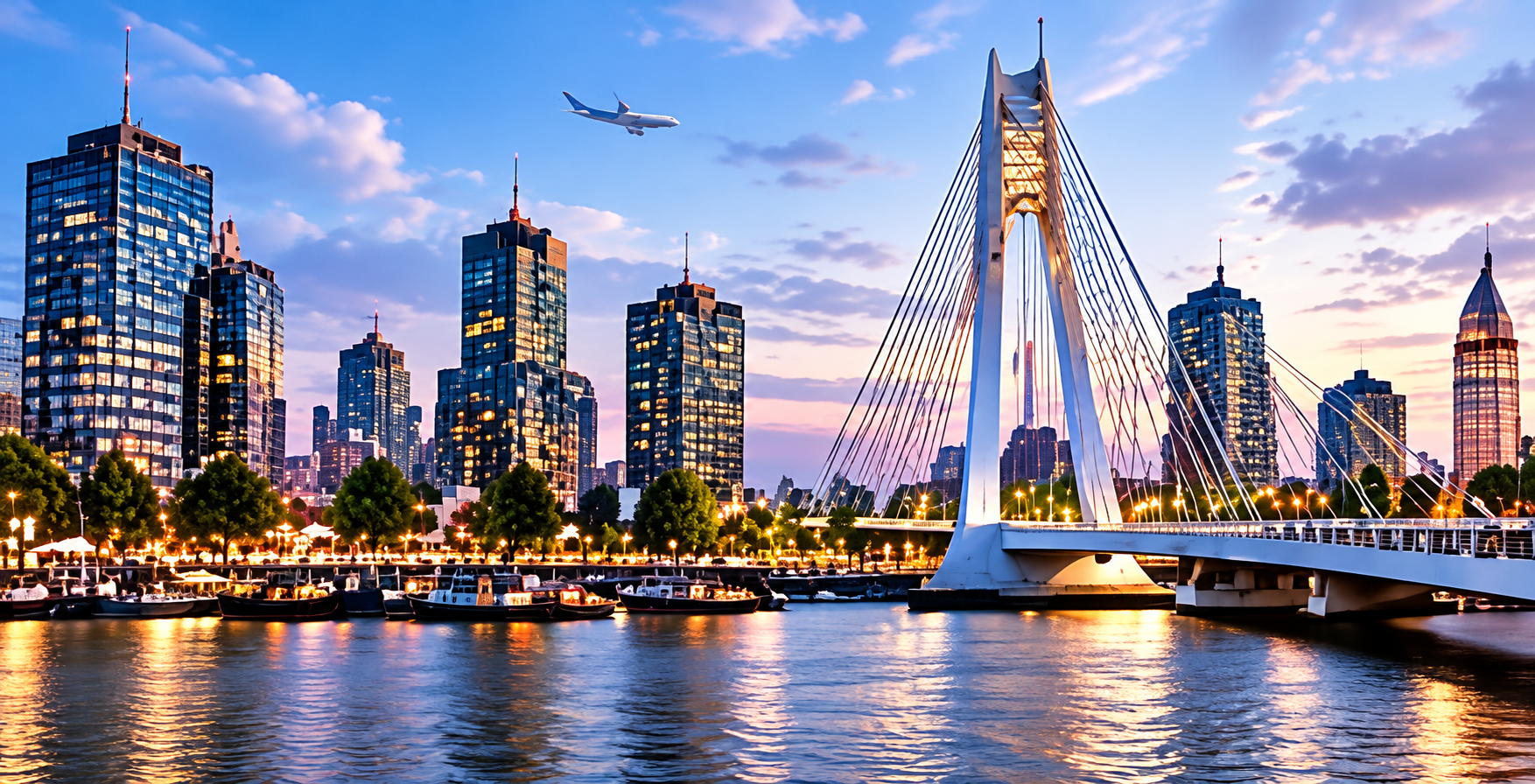 Rotterdam skyline en Erasmusbrug bij avondlicht
