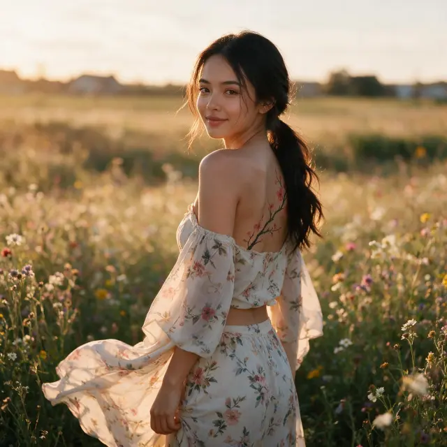 A woman with long hair styled in a loose ponytail, wearing a floral off-shoulder two-piece outfit made of delicate fabric flowing in the breeze, standing in a field of wildflowers at golden hour, soft romantic smile, warm sunset glow, shallow depth of field, dreamy countryside background, cinematic photography. Tattoo only visible where applicable due to clothing