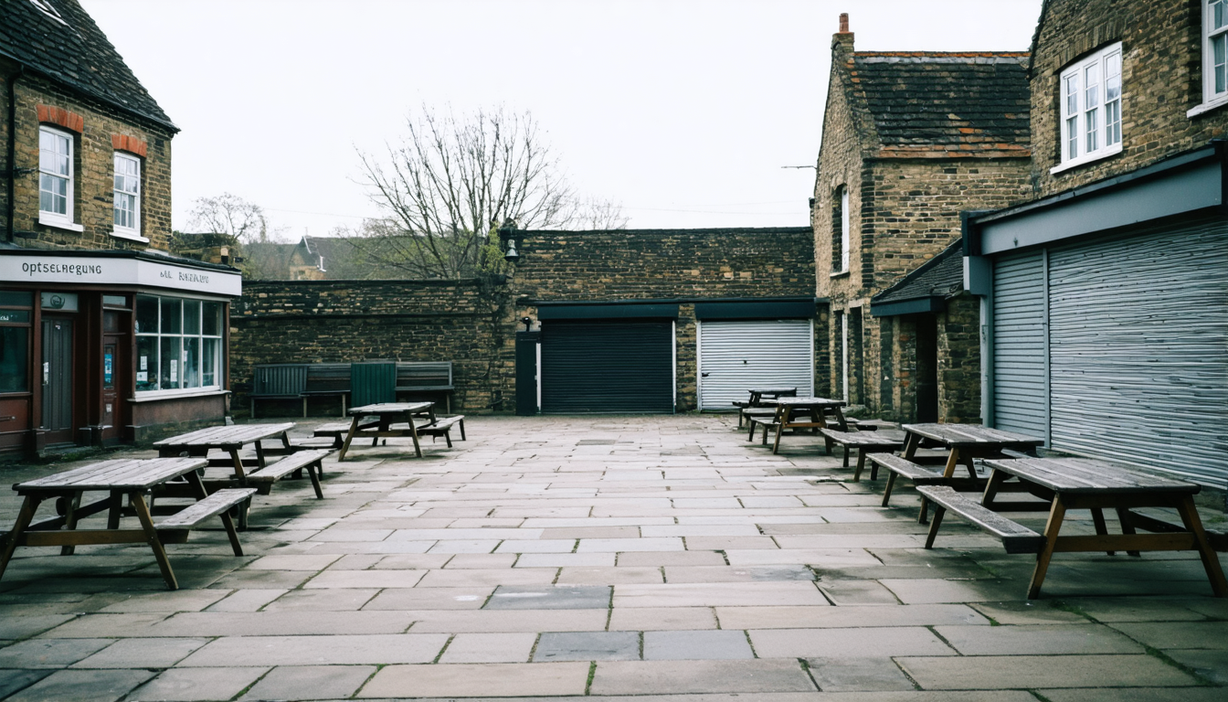 An empty English town square at midday, benches and a closed shopfront under soft overcast light, entirely unwatched.