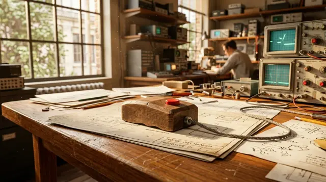 Vintage wooden computer mouse prototype on mid-century desk with warm laboratory lighting