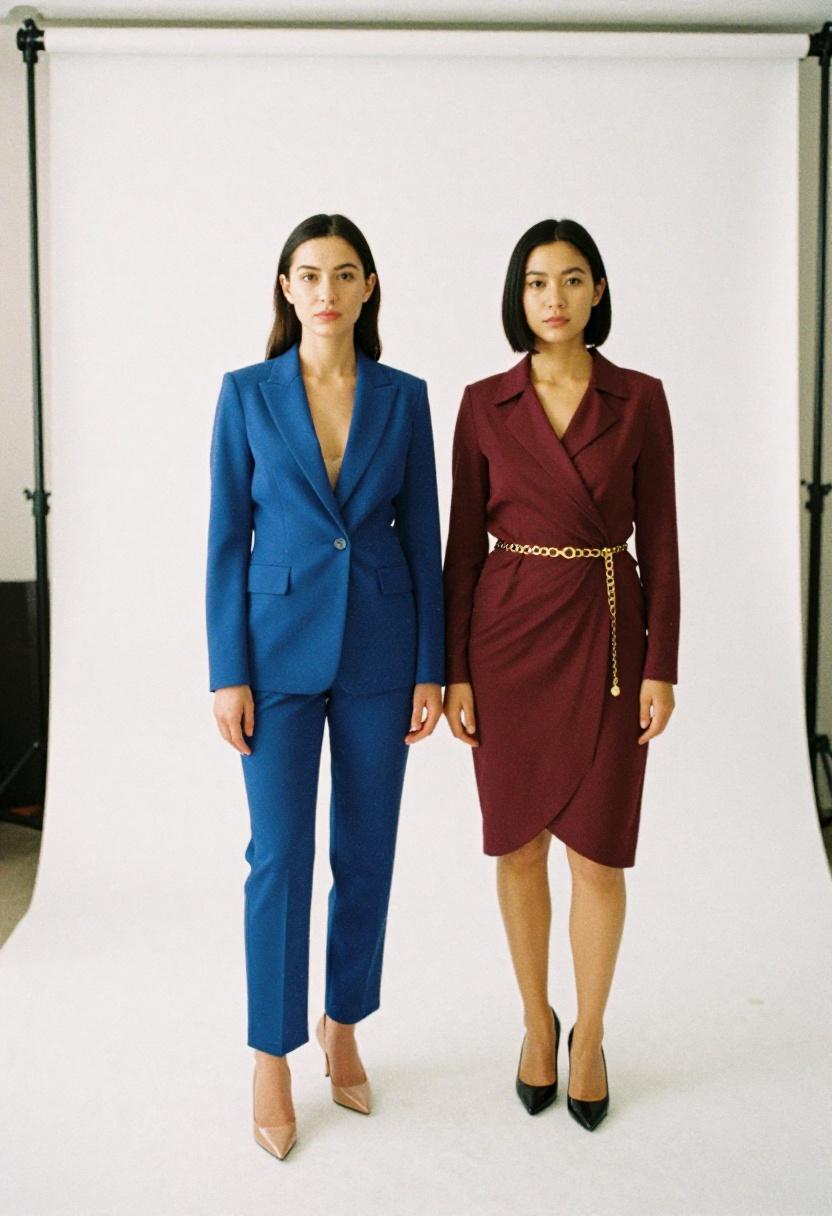 Two office looks featuring cobalt blue and burgundy pumps for workplace elegance