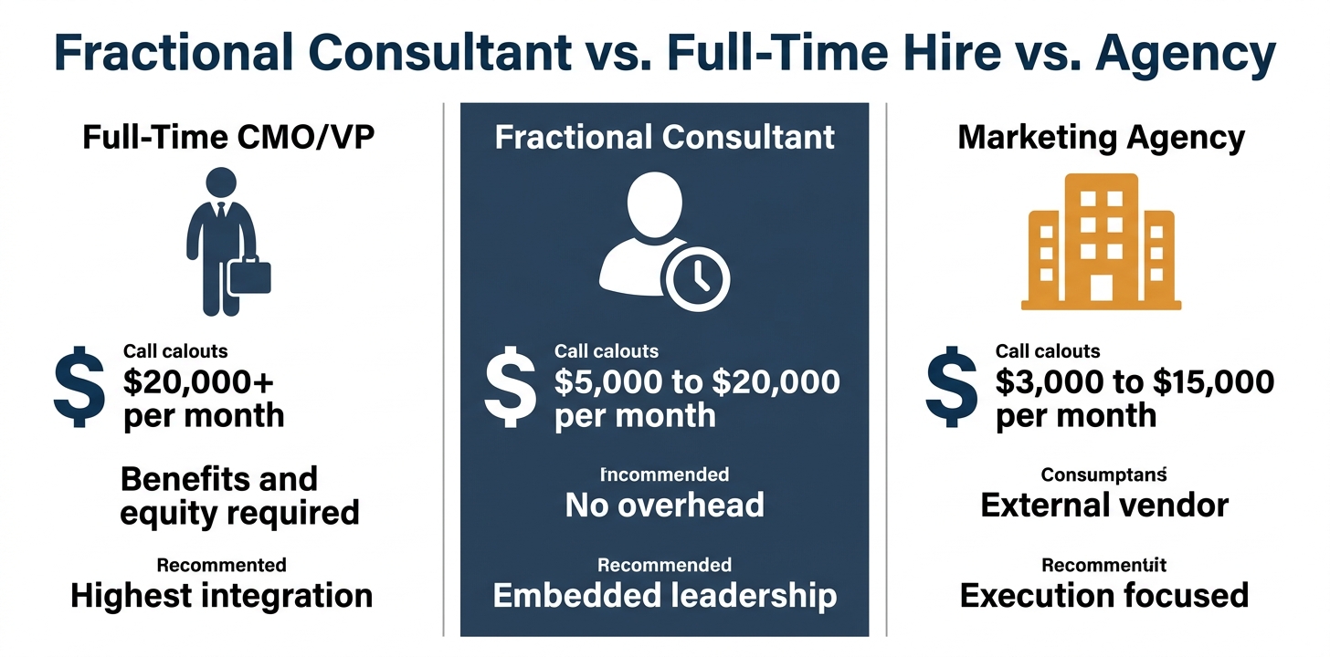 Side-by-side comparison diagram of Full-Time CMO, Fractional Marketing Consultant, and Marketing Agency across cost, integration, and scope dimensions