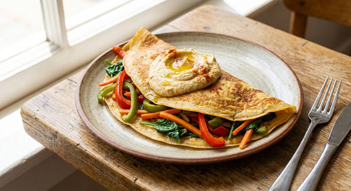 Savory crepe filled with fresh vegetables and hummus.