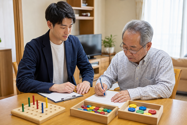 作業療法士と書字や手の巧緻性課題を確認する場面
