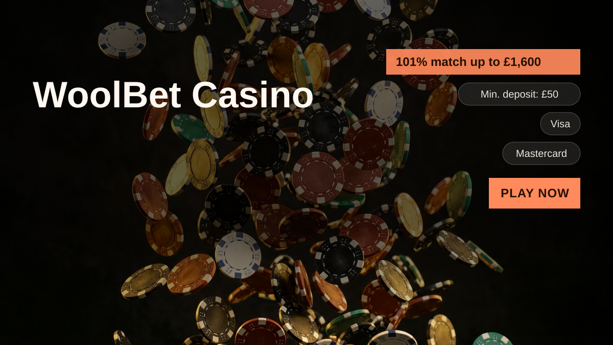 WoolBet Casino — welcome bonus 101% match up to £1,600 + 101 FS, payments: Visa, Mastercard, Skrill, Interac, Apple Pay