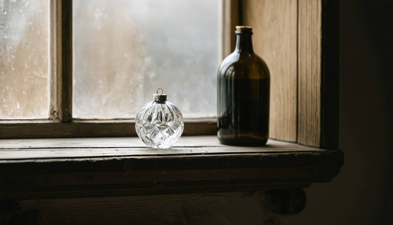 A glass ornament on a wooden shelf beside an empty bottle, soft natural light from a window.