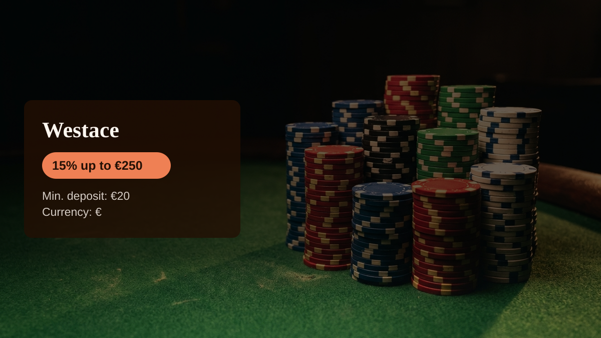 Westace casino — welcome bonus 15% up to €250 + 150 FS, payments: Visa, Mastercard, Skrill, Neteller, Paysafecard