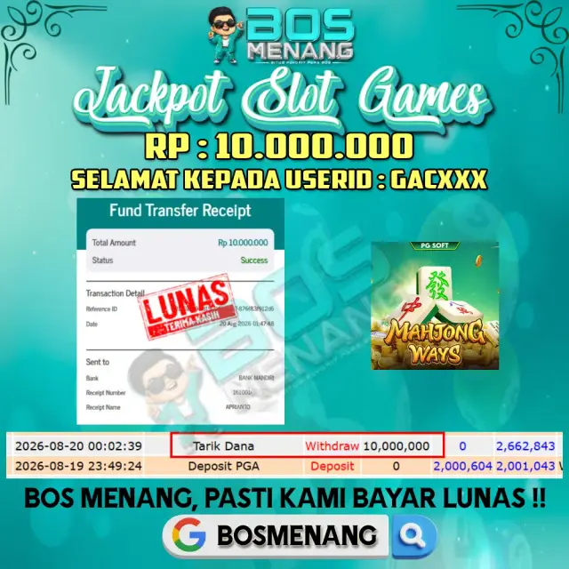 Tanggal 20 AGUSTUS 2026 - JACKPOT SLOT GAMES - Mahjong Ways (PG Soft) Rp 10.000.000,-