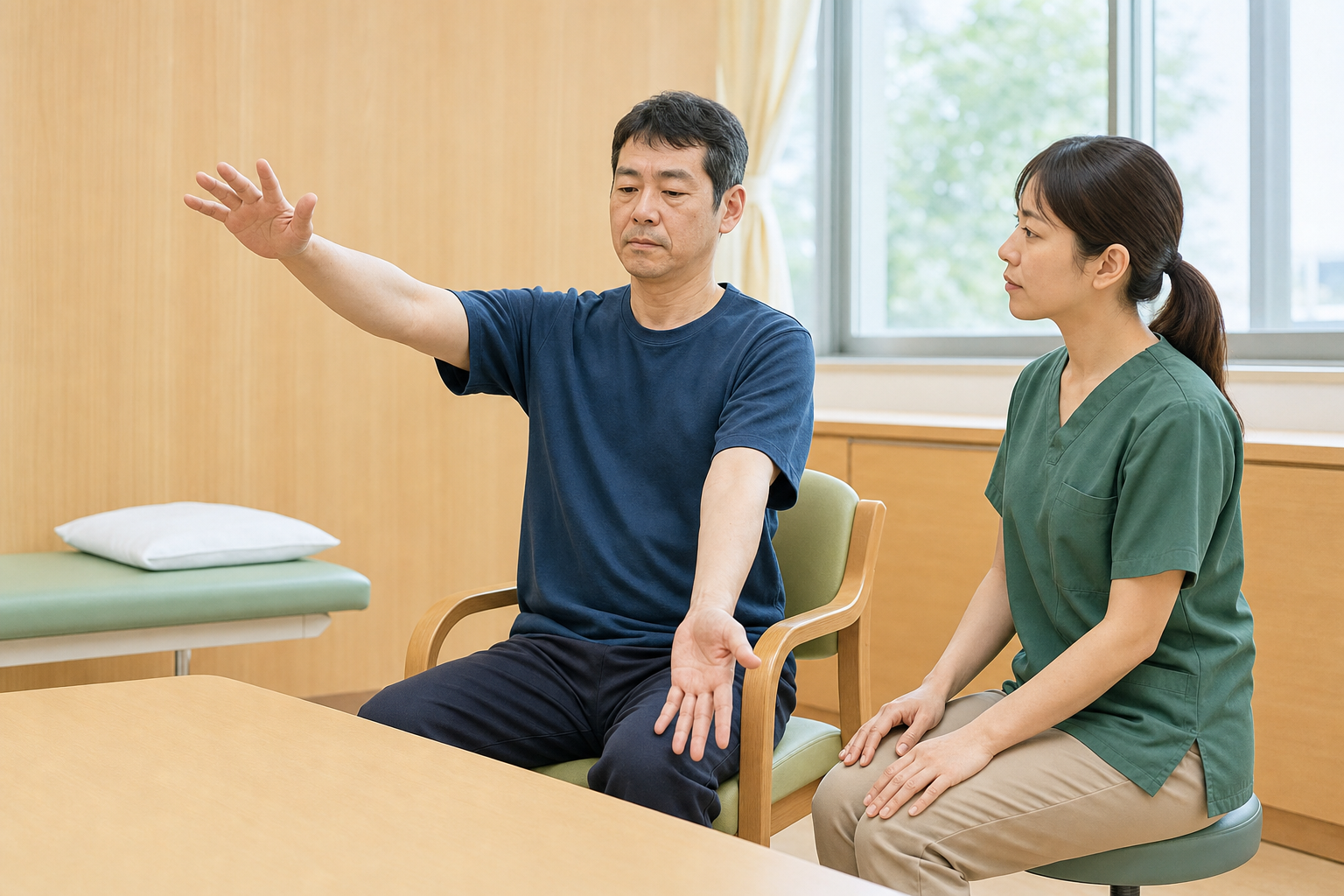 肩を上げる動きと手指を開く動きを確認する脳卒中後の方と作業療法士