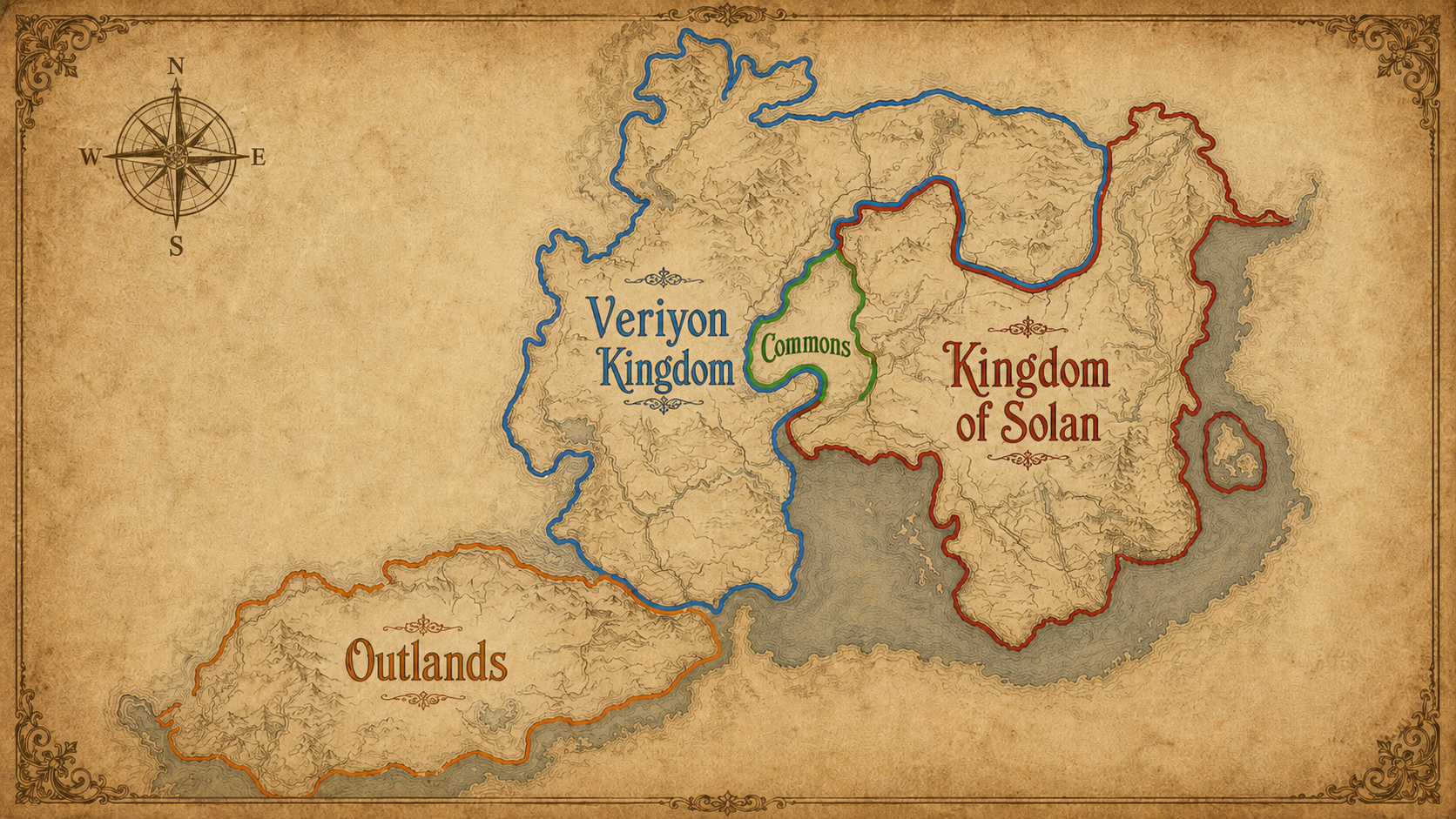 Map of Selia showing Veriyon Kingdom, Kingdom of Solan, Trade Commons, and Outlands