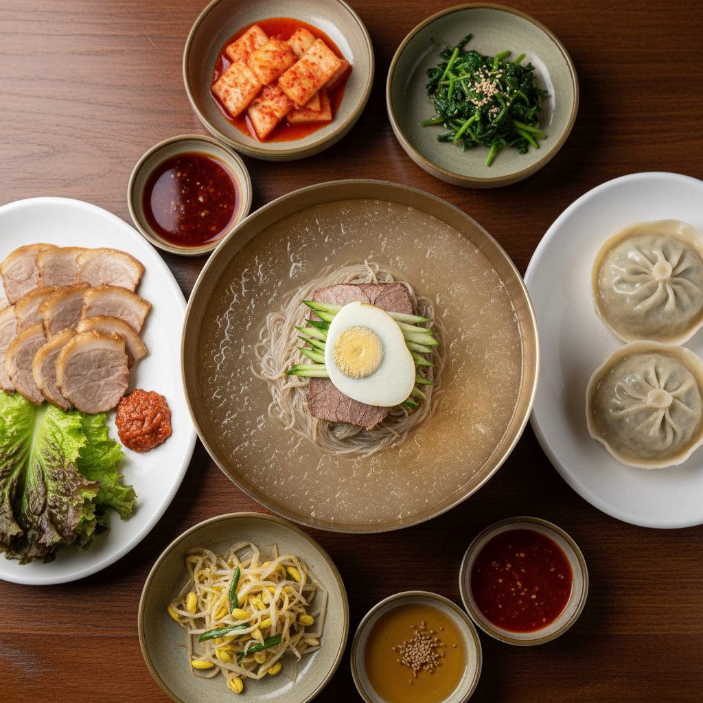 촉촉하게 삶아진 제육과 평양냉면, 만두가 한 상에 차려진 모습