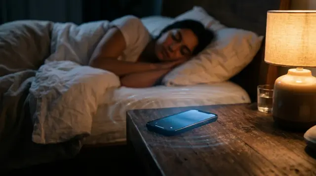 Glowing smartphone on nightstand beside sleeping person in dark moody bedroom