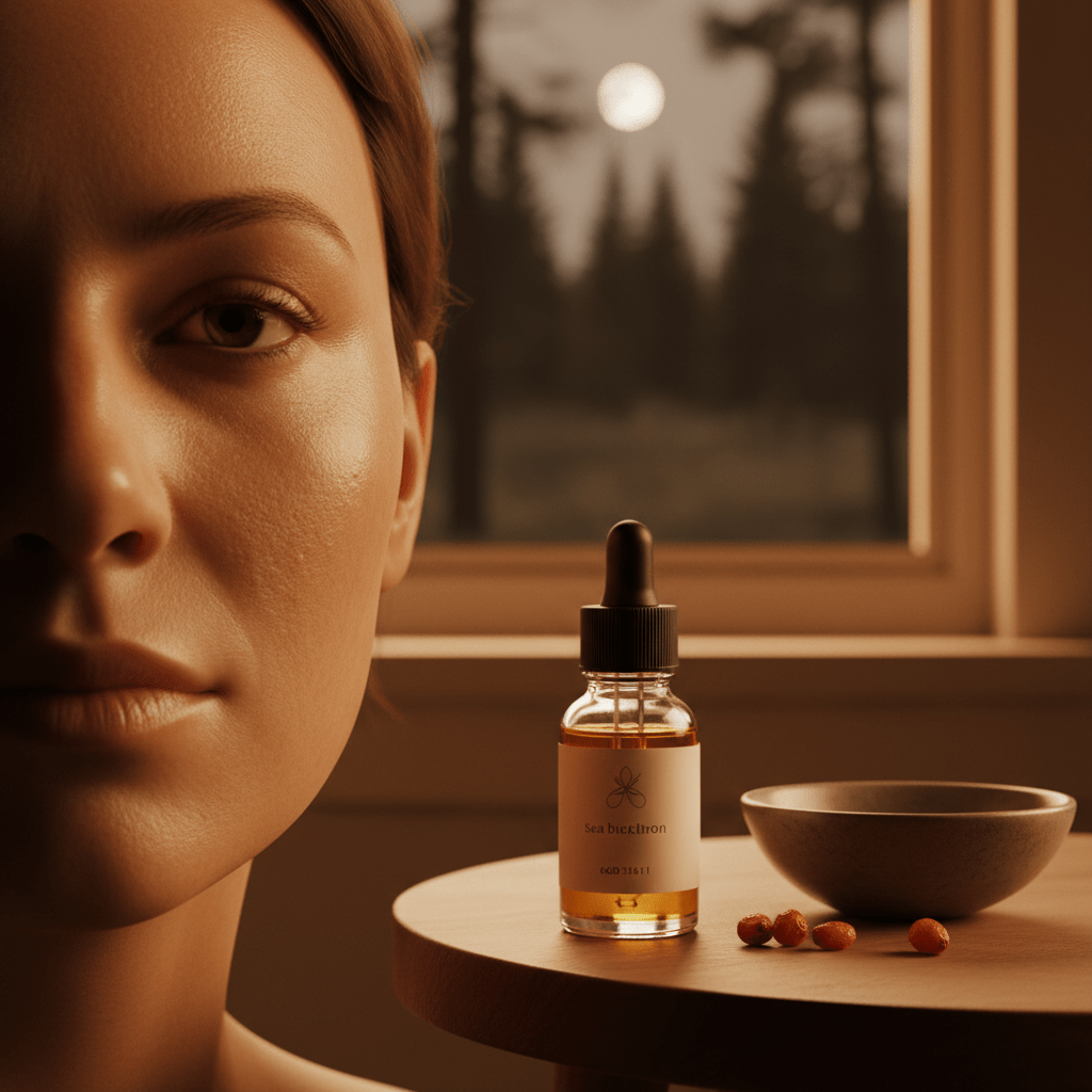Calm nighttime skincare routine with sea buckthorn oil