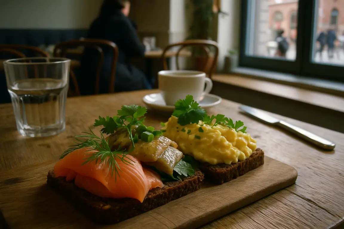 Farverigt og elegant anrettet dansk smørrebrød på mørkt rugbrød med forskellige toppings