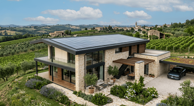 Casa moderna in Veneto con impianto fotovoltaico integrato.