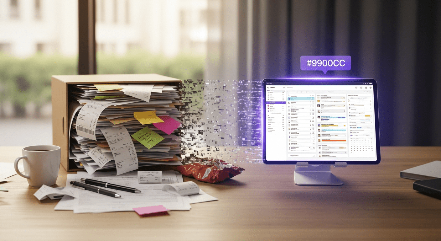 AI organizing a cluttered desk for a small business owner.