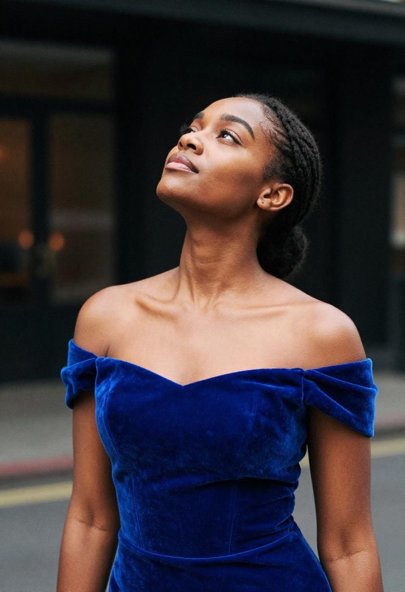 Dramatic cobalt velvet off-shoulder dress for Oscars viewing party