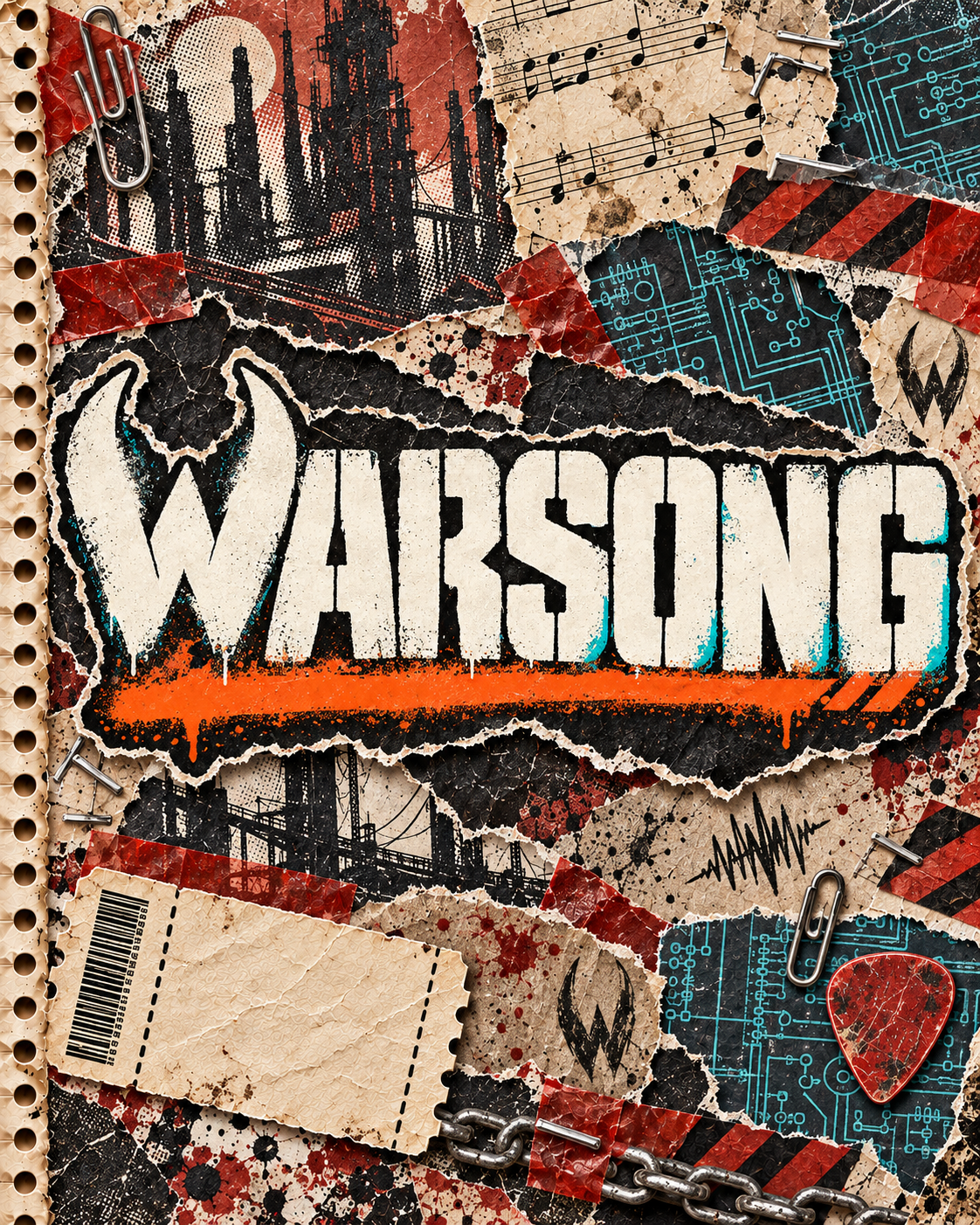WARSONG scrapbook cover with a tusked logo, industrial skyline, cyan circuitry, red hazard tape, and a metal chain.
