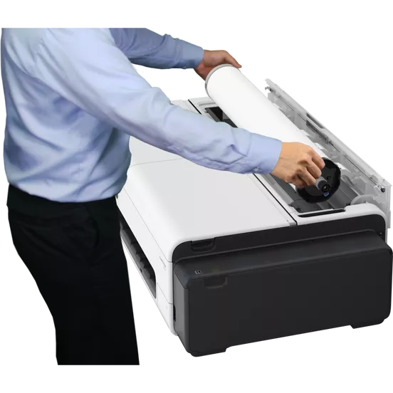 Canon imagePROGRAF TC-21 printer with printed technical drawings, showcasing its capability for detailed large-format prints