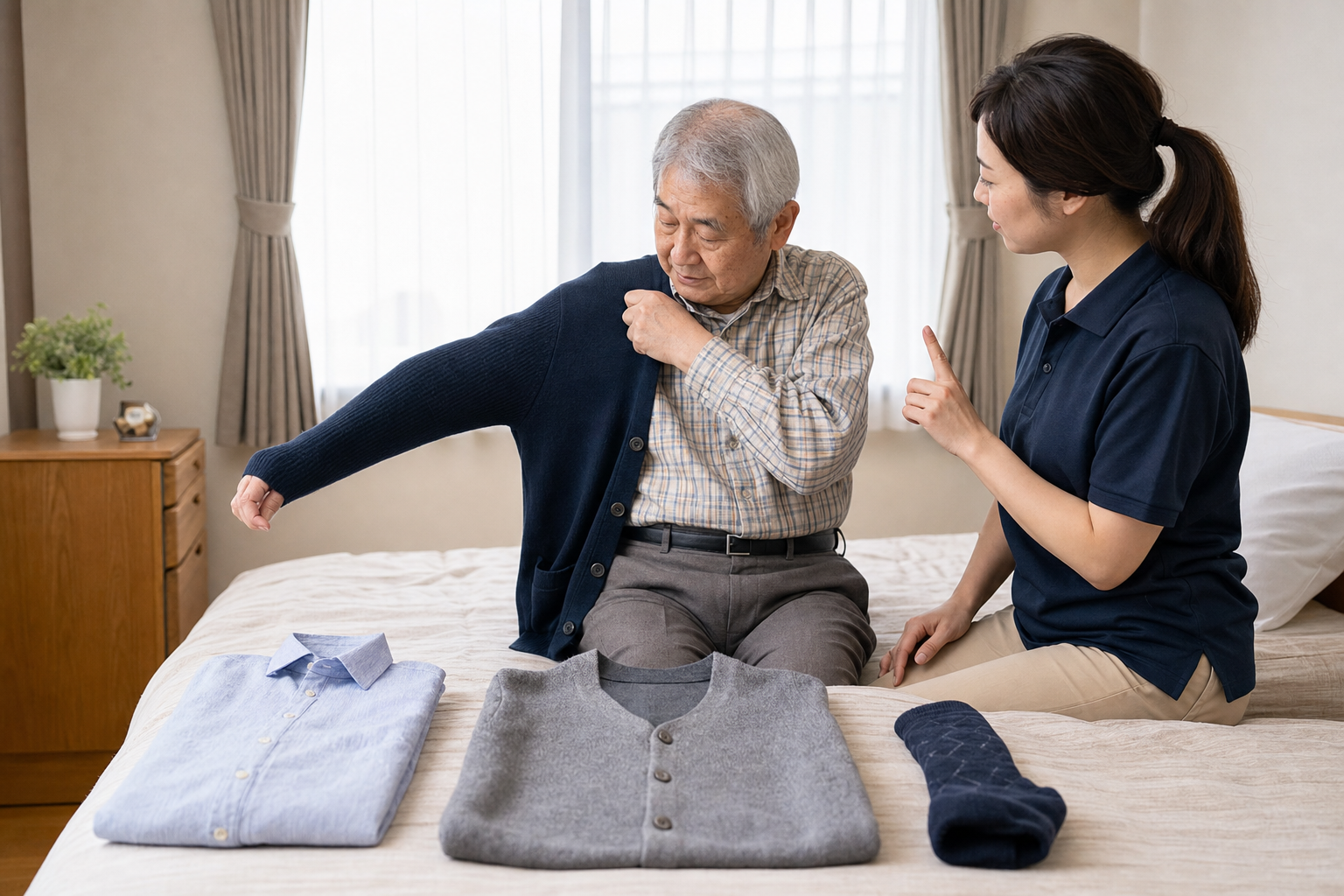 衣類を分かりやすく並べて着替えの手順を確認する様子