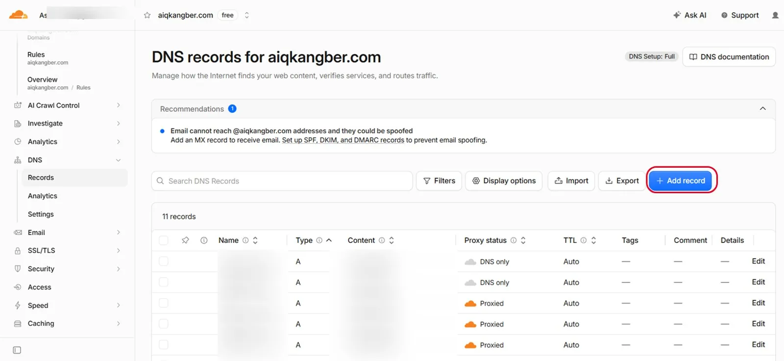 Cloudflare 的 DNS 記錄頁面，右上角「Add record」新增記錄按鈕以紅框標示；畫面中的帳號與實際記錄內容因隱私與安全考量已模糊處理