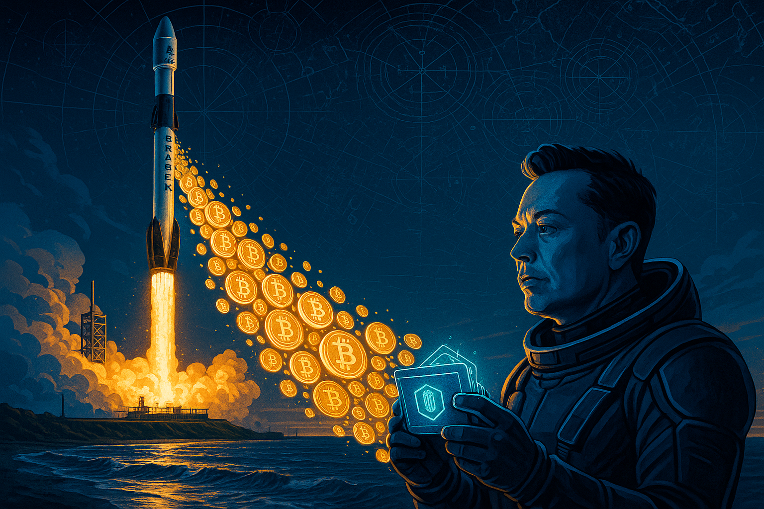 Illustration of SpaceX and Bitcoin transfer, showing corporate involvement in cryptocurrency