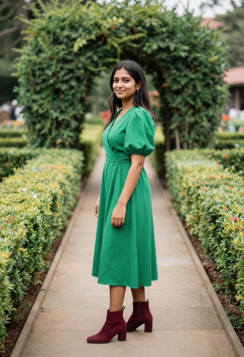 Emerald wrap dress with burgundy square toe boots for romantic garden-chic spring street style