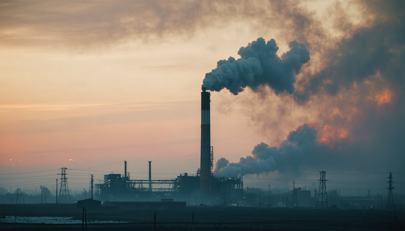 A tall industrial smokestack releasing pale smoke into a hazy orange sky, seen from below, the mountains behind it erased by haze.