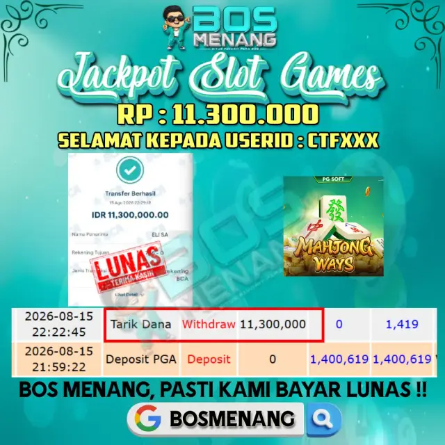 Tanggal 15 AGUSTUS 2026 - JACKPOT SLOT GAMES - Mahjong Ways (PG Soft) Rp 11.300.000,-