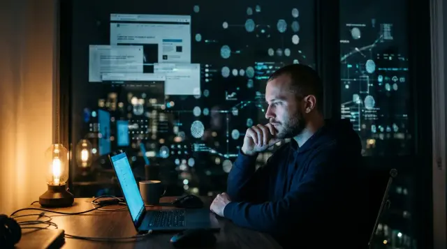 Person at laptop in dark room with digital fingerprint reflections on window, contemplative mood