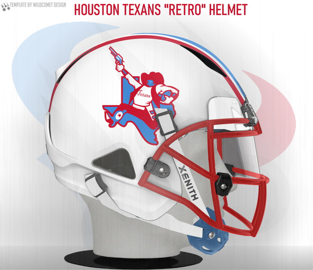 An ode to Houston/Texan history for a team with little history of its own. I combined the colors and helmet design of the Houston Oilers with a modernized take on the AFL Dallas Texans logo.