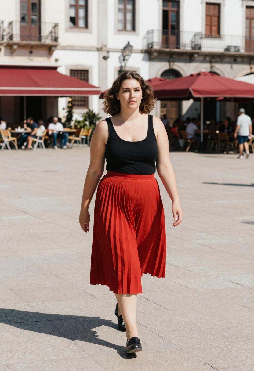 Cherry red pleated midi skirt with black tank top for European style