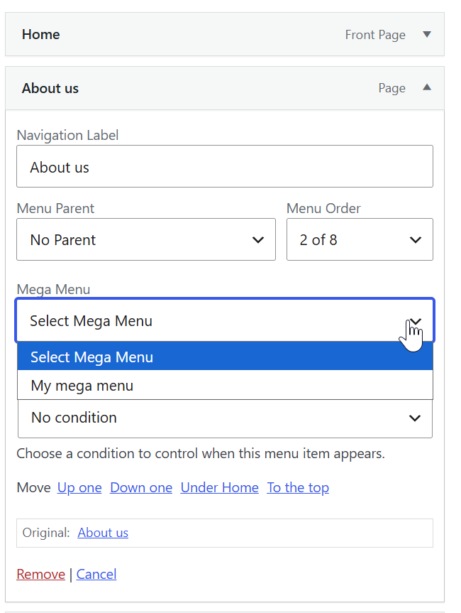 Assign maga menu to nav menu item
