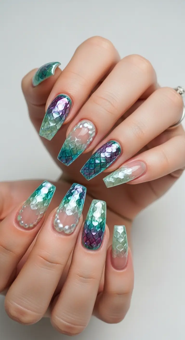 Glazed Mermaid Pearl Coffin Nails
