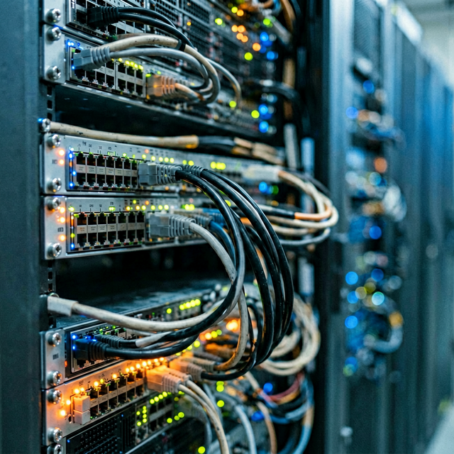 Close-up detail of server rack cables and blinking LEDs in a data center, shallow depth of field, cool blue and amber lighting, authentic do