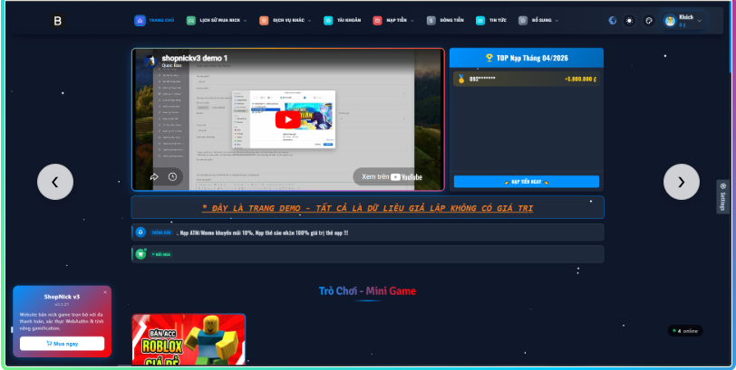 SHARE Mã nguồn[SHOPNICKV3] V2.1.7 Thiết kế website bán nick game mới nhất