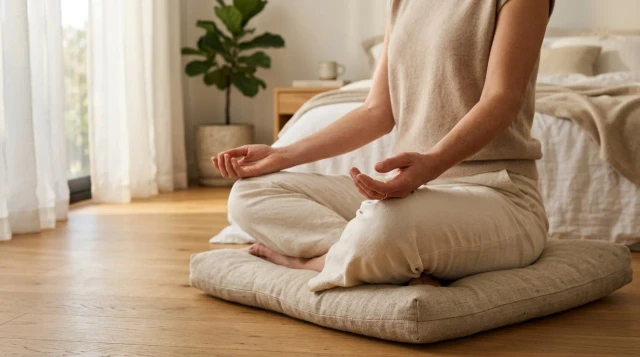 Relaxed hands resting on knees during morning meditation beside unmade bed, serene mood