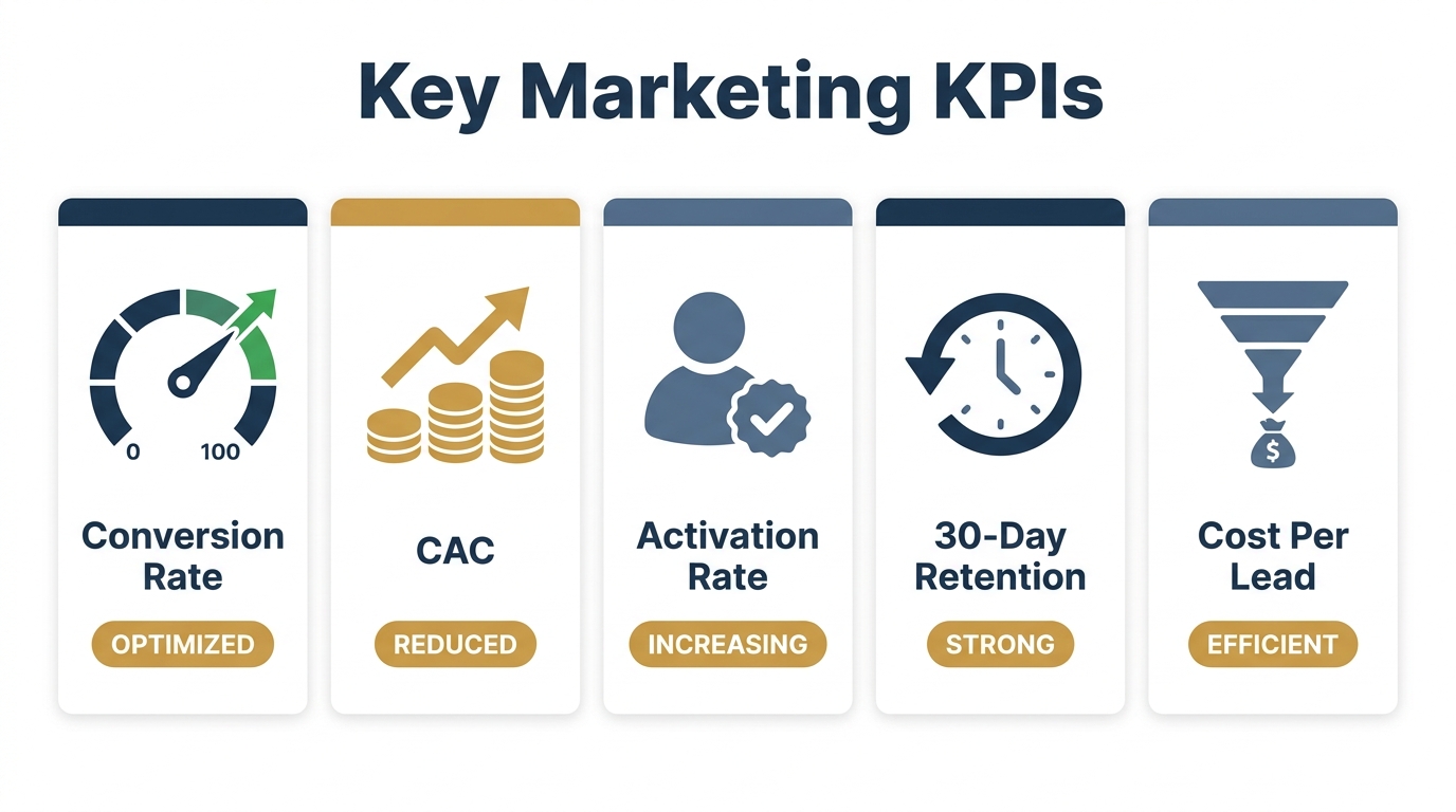 Five key marketing KPI cards: Conversion Rate, CAC, Activation Rate, Retention, Cost Per Lead