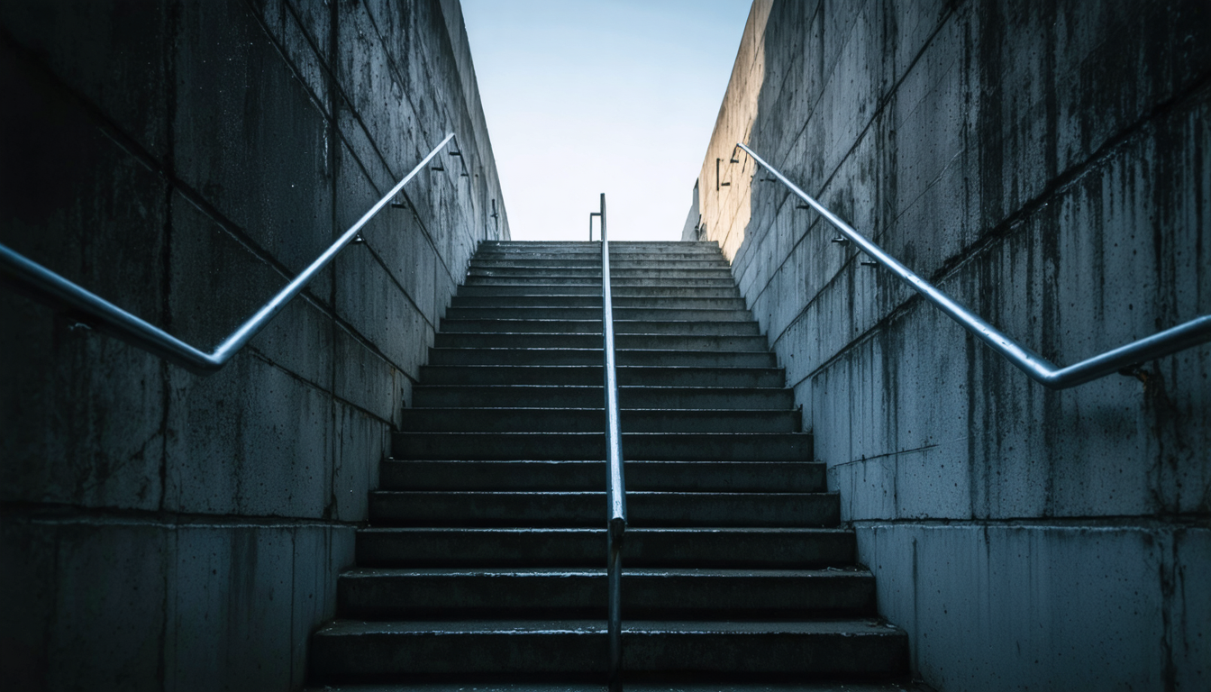A worn concrete stairwell at dawn, empty, seen from the bottom looking up toward gray light.