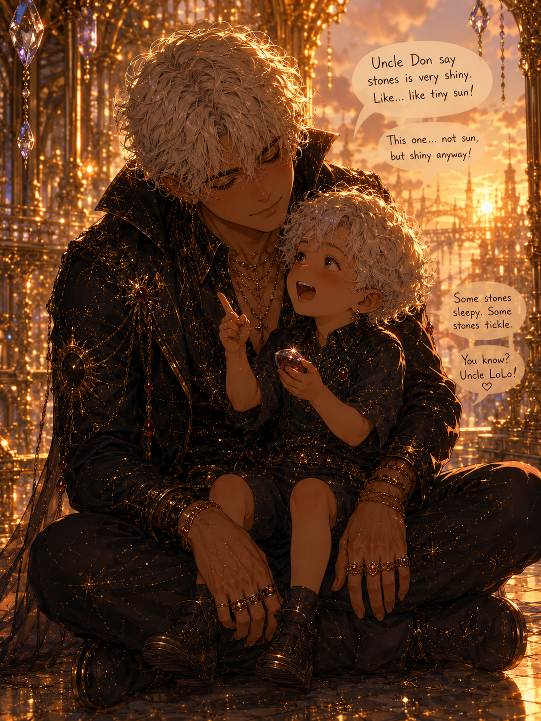 Apollo sitting with Kiun as Kiun talks about shiny stones.